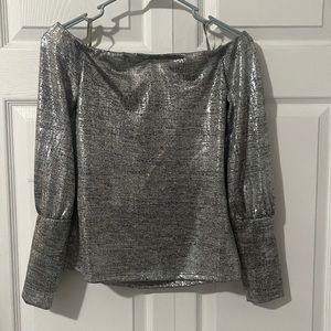 silver, long-sleeved top